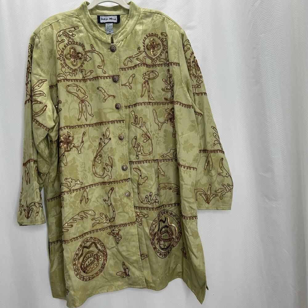 Indigo Moon green long jacket coat sequins embroidered button up Church party